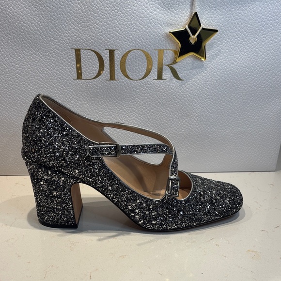 New! DIOR Silver Glitter Mary Janes w/ Block Heel + Dior Bag, Size 40 - Picture 3 of 7